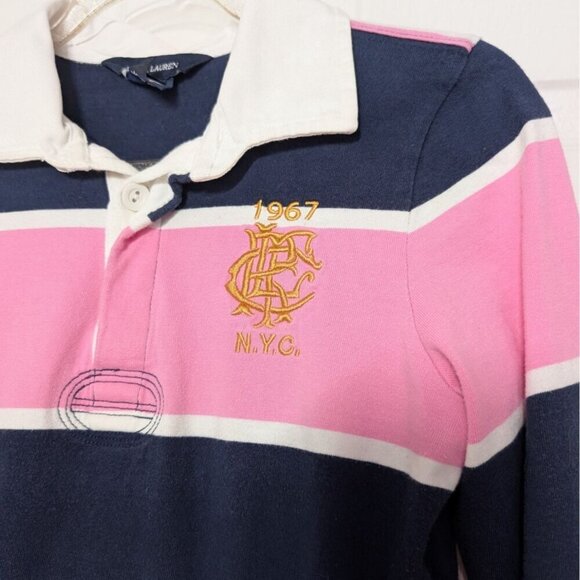 Ralph Lauren Stripe Rugby Polo Dress Girls Size Large Pink Navy Blue Embroidered - Picture 2 of 9